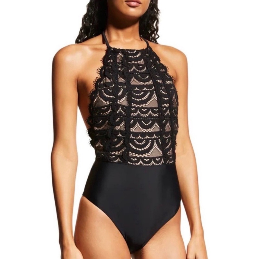 PQ Pilyq Boston Proper Black Lace High Neck 1pcโ Swimsuit Large